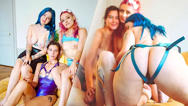 Three girls give him a hard blowjob fulfilling his dream - Pegging Domination HFFF