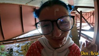 sex under the bridge with a cute schoolgirl in glasses she loves to get cum on her face
