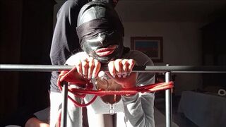 Bound in a bed I roughly fucked my wife holes, pussy and ass front view