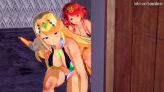 Porno intergalactic slumber party on Xenoblade Chronicles 2's radiant beach featuring Morag, Mythra, and Pyra's raunchy threeway